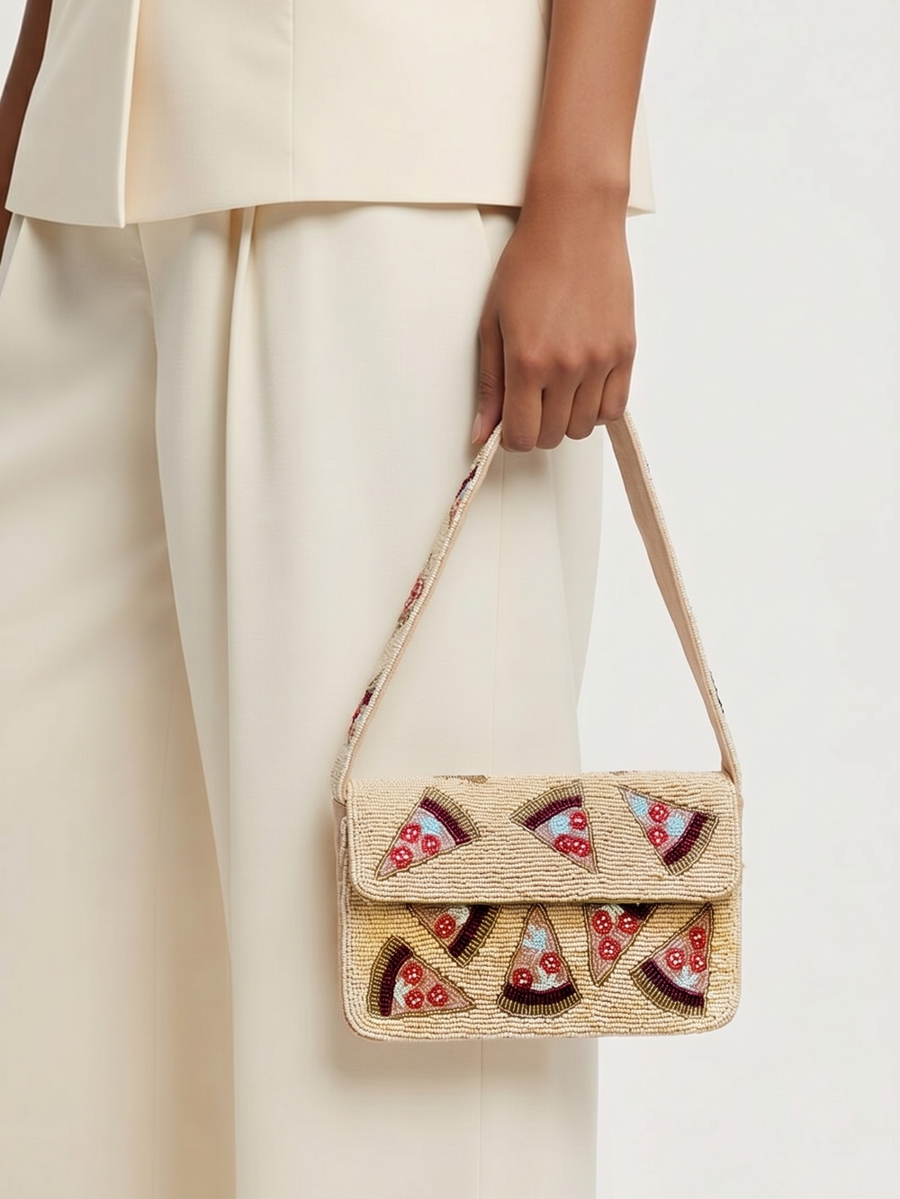 Beaded Pizza Slice Shoulder Bag in Beige